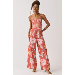 Anthropologie Coral-Pink Floral Wide-Leg Jumpsuit